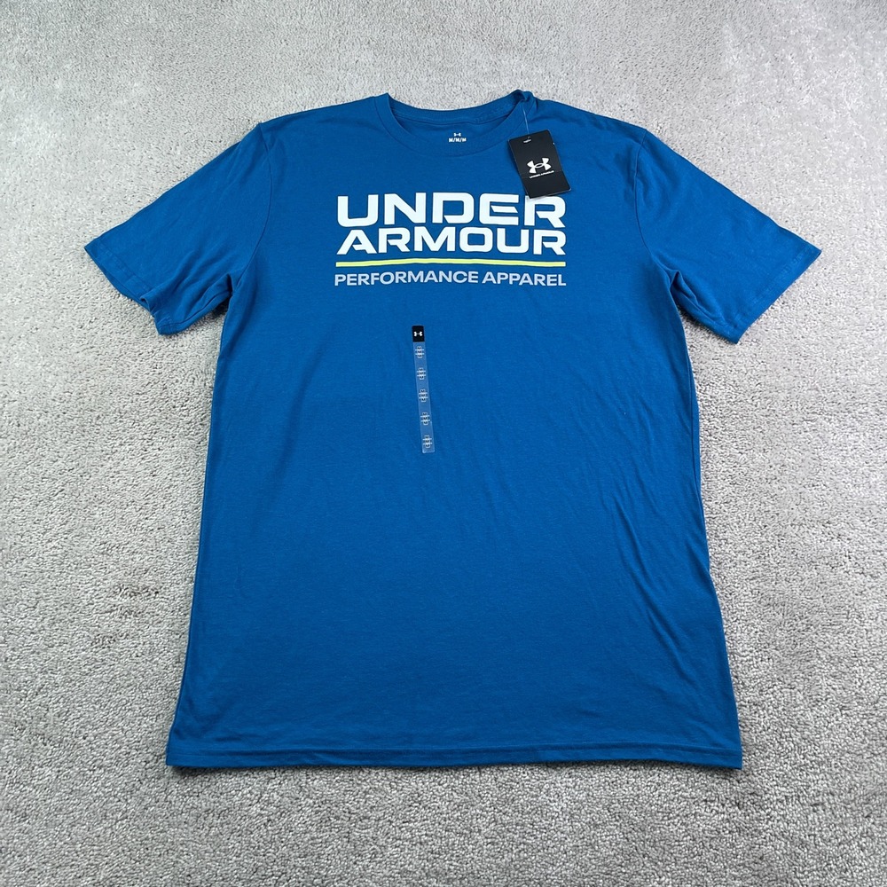 NEW Under Armour Shirt Mens Medium Blue Wordmark Graphic Performance Gym Running